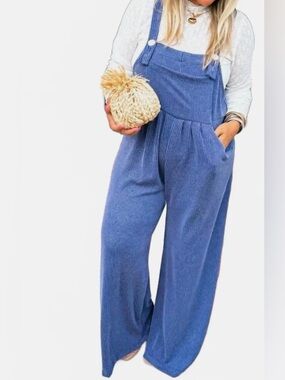 Wide-Leg Corduroy Overalls Jumpsuit in Blue